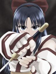 Rule 34 | 1girl, ainu clothes, blue eyes, blue hair, breasts, fighting stance, fingerless gloves, gloves, hair ribbon, highres, long hair, looking at viewer, nakoruru, ribbon, samurai spirits, serious, small breasts, snk, solo, the king of fighters, weapon