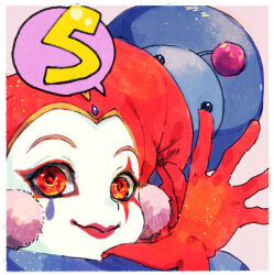 Rule 34 | 1girl, chrono cross, closed mouth, clown, commentary request, facepaint, gloves, harle (chrono cross), hat, jester, jester cap, looking at viewer, orange eyes, pink background, pom pom (clothes), portrait, red gloves, smile, starky (chrono cross), teardrop facial mark, tokio (okt0w0)
