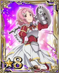 Rule 34 | 10s, 1girl, armor, ass, breastplate, card (medium), hair ornament, hairclip, highres, holding, holding weapon, leg up, lisbeth (sao), lisbeth (sao-alo), looking at viewer, pink hair, pointy ears, red eyes, shield, short hair, smile, solo, star (symbol), sword art online, v, weapon