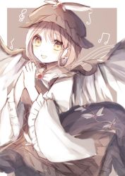 Rule 34 | 1girl, animal ears, beamed eighth notes, bird ears, bird wings, blush, brown dress, brown hat, dress, eighth note, frilled sleeves, frills, hat, long sleeves, musical note, mystia lorelei, open mouth, pink hair, shiba 0007, short hair, smile, solo, touhou, treble clef, upper body, white wings, wide sleeves, winged hat, wings, yellow eyes