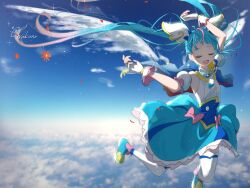 Rule 34 | 1girl, above clouds, angel wings, ankle boots, arm up, artist name, blue cape, blue dress, blue footwear, blue hair, blue sky, boots, bow, brooch, cape, closed eyes, cloud, cure sky, cut bangs, day, detached sleeves, dress, dress bow, earrings, facing viewer, fingerless gloves, floating, frilled dress, frills, gloves, highres, hirogaru sky! precure, jewelry, long hair, magical girl, multicolored hair, open mouth, outdoors, petals, pink hair, precure, puffy detached sleeves, puffy sleeves, red cape, signature, single sidelock, sky, sleeveless, sleeveless dress, smile, solo, sora harewataru, streaked hair, thighhighs, twintails, two-tone cape, two-tone dress, very long hair, wakuno lemon, white dress, white gloves, white thighhighs, white wings, wing brooch, wing hair ornament, wings