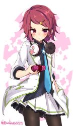 Rule 34 | 10s, 1girl, black pantyhose, blue necktie, blush, buttons, closed mouth, cowboy shot, gift, hair ornament, hairclip, headphones, headphones around neck, heart, highres, holding, holding gift, looking at viewer, minase koito, multicolored background, musaigen no phantom world, necktie, pantyhose, pink eyes, pink hair, pleated skirt, school uniform, short hair, skirt, solo, standing, star (symbol), star hair ornament, star print, suzuki toto, swept bangs, twitter username, two-tone background, valentine