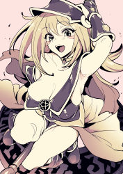 Rule 34 | 1girl, absurdres, arm behind head, arm up, armpits, bare shoulders, blonde hair, blue eyes, blue headwear, blush, blush stickers, breasts, cleavage, collarbone, dark magician girl, duel monster, highres, jewelry, large breasts, long hair, looking at viewer, neck ring, open mouth, pentacle, poriuretan, smile, solo, thighs, wand, yu-gi-oh!, yu-gi-oh! duel monsters
