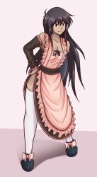 Rule 34 | 10s, 1girl, apron, bare shoulders, black hair, boots, breasts, brown eyes, brown hair, cleavage, dark-skinned female, dark skin, detached sleeves, doodler, hand on own hip, katawa shoujo, long hair, miura miki, smile, solo, thighhighs, tray, very long hair, white thighhighs