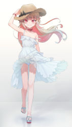Rule 34 | 1girl, arm up, armpits, bare legs, bare shoulders, blush, bracelet, clothes lift, collar, commentary, dress, dress lift, floating hair, full body, grey hair, hat, highres, jewelry, long hair, looking at viewer, makaino ririmu, makaino ririmu (3rd costume), multicolored hair, nijisanji, no socks, panties, pantyshot, pink hair, platform footwear, pointy ears, red collar, red eyes, sabamen, sandals, sleeveless, sleeveless dress, smile, solo, spaghetti strap, strap slip, sun hat, sundress, symbol-only commentary, two-tone hair, underwear, virtual youtuber, white dress, white panties, wind, wind lift