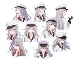 Rule 34 | 10s, 1girl, bad id, bad pixiv id, black gloves, blush, cnm, commentary request, expressions, closed eyes, gangut (kancolle), gloves, hat, jacket, kantai collection, long hair, long sleeves, looking at viewer, multiple views, one eye closed, open mouth, peaked cap, red eyes, scar, silver hair, simple background, upper body, white background, white jacket
