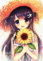 Rule 34 | 1girl, absurdres, akabane (zebrasmise), bare shoulders, black hair, blue eyes, blush, dew drop, dress, flower, hair ornament, hairclip, hat, highres, long hair, original, short twintails, sleeveless, smile, solo, straw hat, sunflower, twintails, two side up, water drop