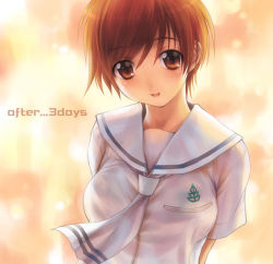 Rule 34 | 1girl, :d, arms behind back, brown eyes, brown hair, copyright request, goto p, looking at viewer, neckerchief, open mouth, school uniform, serafuku, short hair, short sleeves, smile, solo, upper body