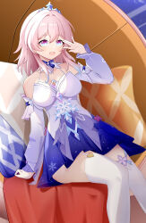 Rule 34 | 1girl, absurdres, ass, bare shoulders, blue dress, blue eyes, blush, breasts, chinese commentary, cleavage, commentary request, cowboy shot, detached sleeves, dress, garter straps, gradient sleeves, hand up, highres, honkai: star rail, honkai (series), layered dress, looking at viewer, march 7th (dress) (honkai: star rail), march 7th (honkai: star rail), medium breasts, medium hair, natsuha (user nmtg3357), official alternate costume, open hand, open mouth, pillow, pink eyes, pink hair, pleated dress, purple dress, purple sleeves, short dress, sitting, smile, solo, thighhighs, tiara, two-tone eyes, white dress, white garter straps, white sleeves, white thighhighs