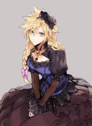 Rule 34 | 1boy, blonde hair, bow, braid, brooch, cloud strife, crossdressing, eyelashes, final fantasy, final fantasy vii, final fantasy vii remake, frilled sleeves, frills, grey background, hair bow, highres, jewelry, looking at viewer, male focus, necklace, sakimiya297, solo, spiked hair, twin braids, wall market