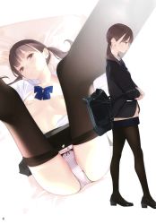 Rule 34 | 1girl, absurdres, ama mitsuki, bag, bandaid, bandaids on nipples, black bag, black pantyhose, blazer, blue bow, bow, breasts, brown eyes, brown hair, clothes pull, collared shirt, crossed arms, from side, highres, jacket, legs up, loafers, looking at viewer, low twintails, lying, medium hair, miniskirt, multiple views, on back, open clothes, open shirt, original, page number, panties, pantyhose, pantyhose pull, pasties, pink panties, plaid, plaid skirt, pleated skirt, satin panties, school bag, school uniform, shirt, shoes, skirt, small breasts, striped clothes, striped panties, sweat, twintails, underwear, vertical-striped clothes, vertical-striped panties, vest, white shirt