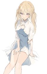Rule 34 | 1girl, arm support, blonde hair, braid, breasts, crown braid, dress, feet out of frame, long hair, looking at viewer, lpip, original, parted lips, purple eyes, small breasts, smile, solo, thighs, twintails, white background, white dress
