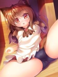 Rule 34 | 1girl, animal ears, blush, brown hair, dragoner, dress, dutch angle, female focus, highres, imaizumi kagerou, leaning back, long hair, looking at viewer, one-piece swimsuit, open mouth, solo, spread legs, swimsuit, swimsuit under clothes, touhou, wolf ears, wooden floor