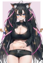 Rule 34 | 1girl, absurdres, ahoge, animal ear fluff, animal ears, black hair, black shorts, blue eyes, border, breasts, cat ears, cleavage, cleavage cutout, closed mouth, clothing cutout, commentary, cowboy shot, crop top, crossed bangs, gradient background, hair between eyes, hair ornament, hand on own stomach, highres, huge breasts, long bangs, long hair, long sleeves, looking at viewer, navel, original, outside border, pinching, pink background, pink ribbon, plump, poharo, ribbon, shorts, shrug (clothing), sleeves past wrists, solo, sparkle, standing, stomach, straight-on, symbol-only commentary, thighs, twintails, very long hair, white border