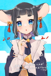 Rule 34 | + +, 1girl, :o, alternate costume, alternate hair color, animal ears, aqua background, artist name, black hair, blouse, blue cloak, blue eyes, blue ribbon, blunt bangs, blush, bright pupils, character name, cheese earrings, chinese zodiac, cloak, colored inner hair, commentary, commentary request, dated, earrings, extra ears, fingernails, gold ring, grey hair, high collar, highres, indie virtual youtuber, jewelry, long fingernails, long sleeves, looking at viewer, mau-chan (7name), mouse ears, mouse girl, multicolored hair, nail polish, naname (7name), neck ribbon, new year, open mouth, puffy long sleeves, puffy sleeves, purple hair, red nails, ribbon, ring, shirt, sidelocks, signature, solo, thick eyebrows, translated, upper body, white shirt, year of the ox