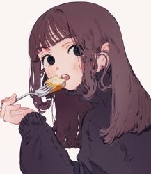Rule 34 | 0 05kmgrn, 1girl, :p, absurdres, black sweater, blunt bangs, blush, brown hair, cheesecake, commentary, food, fork, from side, hand up, highres, holding, holding fork, long hair, long sleeves, looking at viewer, looking to the side, open mouth, original, sidelocks, simple background, sleeves past wrists, solo, sweater, tongue, tongue out, turtleneck, turtleneck sweater, upper body, white background