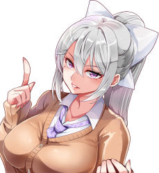 Rule 34 | 1041 (toshikazu), 1girl, bow, breasts, brown cardigan, cardigan, collared shirt, dress shirt, grey hair, hair between eyes, higuchi kaede, index finger raised, large breasts, lips, long hair, long sleeves, looking at viewer, mole, mole under eye, nail polish, necktie, nijisanji, parted lips, pink lips, pink nails, ponytail, purple eyes, purple necktie, school uniform, shirt, simple background, solo, upper body, very long hair, virtual youtuber, white background, white bow, white shirt, wing collar