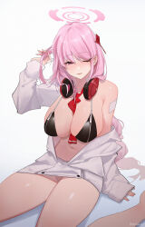 Rule 34 | 1girl, artist name, bikini, black bikini, blue archive, breasts, chilakkk, closed mouth, eimi (blue archive), english text, half-closed eyes, halo, hand in own hair, headphones, headphones around neck, highres, large breasts, light smile, long hair, long sleeves, looking at viewer, navel, necktie, off shoulder, one eye closed, pink hair, red necktie, revision, simple background, single bare shoulder, sitting, sleeves past wrists, solo, swimsuit, thick thighs, thighs, twitter username