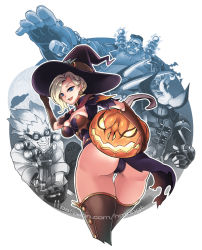 Rule 34 | 1girl, 3boys, ass, blonde hair, blue eyes, breasts, brown thighhighs, halloween, hat, hm (hmongt), jack-o&#039;-lantern, junkrat (overwatch), london, mercy (overwatch), multiple boys, overwatch, overwatch 1, patreon, reaper (overwatch), roadhog (overwatch), thighhighs, thighs, witch hat