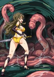 Rule 34 | 1girl, arniro111, ass, bikini, blush, breasts, brown hair, cave, covered erect nipples, elbow gloves, from behind, gloves, grey background, hair ornament, hairclip, highres, holding, holding weapon, large breasts, open mouth, shinomiya himawari, slime, standing, swimsuit, sword, teeth, upper teeth only, v-shaped eyebrows, vividred operation, vore, weapon, worm, yellow bikini, yellow eyes