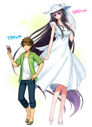 Rule 34 | 1boy, 1girl, 2channel, absurdly long hair, black hair, blush, breasts, brown eyes, brown hair, dress, giant, giantess, hasshaku-sama, hat, height difference, highres, ko-on (ningen zoo), large breasts, long hair, open mouth, purple eyes, sandals, short hair, simple background, sun hat, sundress, tall, very long hair, white background