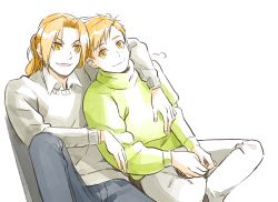 Rule 34 | 2boys, puff of air, alphonse elric, arm around neck, blonde hair, brothers, cardigan, closed mouth, collared shirt, crossed legs, denim, edward elric, elbow on knee, eye contact, fingernails, fullmetal alchemist, green sweater, grey cardigan, grey pants, hands on lap, heads together, hug, jeans, knee up, leaning, leaning on person, looking at another, looking to the side, male focus, multiple boys, pai (1111), pants, parted bangs, parted lips, ponytail, shadow, shirt, siblings, side-by-side, sigh, simple background, sitting, smile, sweater, swept bangs, tareme, tsurime, turtleneck, turtleneck sweater, v arms, white background, yellow eyes