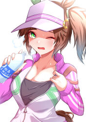 Rule 34 | 1girl, absurdres, animal ears, blush, bottle, breasts, brown hair, cleavage, collarbone, commentary request, ear covers, eve on k, followers favorite challenge, freckles, green eyes, hat, highres, horse ears, horse girl, horse tail, ines fujin (umamusume), jacket, looking at viewer, medium breasts, medium hair, multiple drawing challenge, one eye closed, portrait, shadow, side ponytail, simple background, single ear cover, solo, sweat, tail, umamusume, visor cap, water bottle, white background, white hat