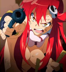 Rule 34 | 00s, 1girl, aiming, aiming at viewer, angry, annoyed, breasts, censored, censored nipples, cleavage, convenient censoring, fingerless gloves, gloves, gun, hair censor, hair ornament, hair over breasts, jpeg artifacts, large breasts, long hair, open mouth, pun2, red hair, scarf, solo, tengen toppa gurren lagann, tengen toppa gurren lagann: gurren-hen, topless, weapon, yellow eyes, yoko littner