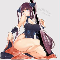 Rule 34 | 1girl, bare shoulders, black dress, blue eyes, blunt bangs, blush, breasts, china dress, chinese clothes, cleavage, covered navel, detached sleeves, dress, fate/grand order, fate (series), floral print, grey background, hair ornament, highres, kneeling, large breasts, long hair, looking at viewer, parted lips, pipa (instrument), poriuretan, purple hair, sidelocks, simple background, smile, solo, thighs, twintails, very long hair, yang guifei (fate), yang guifei (second ascension) (fate)