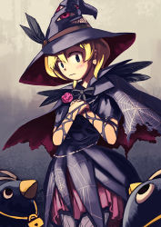 Rule 34 | bird, blonde hair, blue eyes, blush, cape, cave (developer), deathsmiles, earrings, feathers, flower, hat, highres, hirosato, jewelry, penguin, rose, sakura (deathsmiles), short hair, skull, solo, torn clothes, witch, witch hat