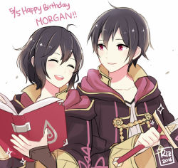 Rule 34 | 10s, 1boy, 1girl, 2016, ^ ^, ahoge, artist name, black hair, book, character name, closed eyes, dinikee, dual persona, english text, fire emblem, fire emblem awakening, gloves, hair between eyes, happy birthday, height difference, hood, hooded jacket, jacket, laughing, morgan (female) (fire emblem), morgan (fire emblem), morgan (male) (fire emblem), nintendo, open mouth, short hair, smile, sword, weapon