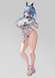 absurdres bikini blue_eyes blue_hair gloves goddess_of_victory:_nikke hair_ornament helm_(aqua_marine)_(nikke) helm_(nikke) hido_(cherryhido) highleg highres long_sleeves see-through see-through_shirt shirt simple_background swimsuit thighs wet wet_clothes