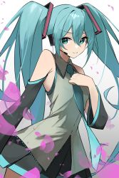 Rule 34 | 1girl, absurdres, closed mouth, hatsune miku, highres, long hair, looking at viewer, necktie, qure h4, skirt, sleeveless, smile, twintails, upper body, very long hair, vocaloid