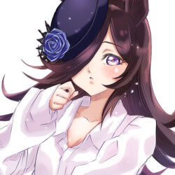Rule 34 | 1girl, black hair, blue flower, blue hat, blue rose, blush, borrowed clothes, commentary request, dress shirt, flower, hair over one eye, hat, hat flower, highres, long bangs, long hair, long sleeves, looking at viewer, parted lips, partial commentary, pomita, purple eyes, rice shower (umamusume), rose, shirt, simple background, sleeves past wrists, solo, tilted headwear, umamusume, white background, white shirt