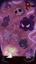Rule 34 | absurdres, afuron, black eyes, blue fire, closed mouth, commentary request, creatures (company), drifloon, duskull, fire, floating, frillish, frillish (female), game freak, gastly, gen 1 pokemon, gen 2 pokemon, gen 3 pokemon, gen 4 pokemon, gen 5 pokemon, glowing, highres, litwick, looking down, misdreavus, nintendo, no humans, pokemon, pokemon (creature), ralts, red eyes, shuppet, solid oval eyes, yamask