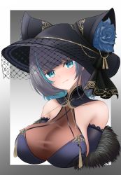Rule 34 | 1girl, absurdres, animal ears, aqua eyes, azur lane, bare shoulders, black hat, blue flower, breasts, cheshire (azur lane), cheshire (cait sith crooner) (azur lane), china dress, chinese clothes, cleavage, cleavage cutout, clothing cutout, dress, fake animal ears, feather boa, flower, gloves, hat, hat flower, highres, large breasts, littlechim, looking at viewer, medium hair, multicolored hair, official alternate costume, purple dress, purple gloves, purple hair, see-through, see-through cleavage, simple background, sleeveless, sleeveless dress, solo, streaked hair, two-tone hair, upper body
