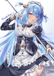 Rule 34 | 1girl, absurdres, apron, artist name, azur lane, bare shoulders, black dress, blue hair, clam shell, detached sleeves, dress, fake antlers, frilled hairband, frills, hairband, highres, holding, holding polearm, holding weapon, juliet sleeves, long hair, long sleeves, maid headdress, makihige, multicolored ribbon, neptune (azur lane), polearm, puffy sleeves, ribbon, shell hair ornament, simple background, solo, very long hair, weapon, white apron, white background, white legwear, yellow eyes