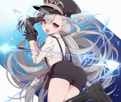 Rule 34 | 1girl, aka kan, arched back, ass, azur lane, black gloves, blush, boots, crop top, fang, gloves, half gloves, hat, highres, holding, id card, long hair, looking at viewer, minsk (azur lane), minsk (thunderous jailor) (azur lane), multicolored hair, open mouth, peaked cap, purple eyes, shirt, short shorts, shorts, skin fang, smile, solo, suspenders, taser, thighs, very long hair, white shirt
