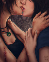 Rule 34 | 2girls, breasts, chromatic aberration, cleavage, commentary, couple, deep wound, earrings, face-to-face, facing another, hand on another&#039;s neck, hands up, head out of frame, holding another&#039;s wrist, imminent kiss, injury, jewelry, lara croft, multiple girls, necklace, open mouth, parted lips, realistic, samantha nishimura, shirt, short sleeves, t-shirt, tank top, teeth, tomb raider, tomb raider (reboot), trixia, yuri