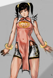 Rule 34 | 1girl, bad id, bad pixiv id, black hair, bracelet, breasts, china dress, chinese clothes, dress, jewelry, jwabonjooi, ling xiaoyu, short twintails, shorts, side slit, sleeveless, small breasts, solo, tekken, twintails