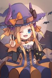 Rule 34 | 1girl, abigail williams (fate), black bow, black cat, blonde hair, blue eyes, blush, bow, breasts, cat, choker, cosplay, dress, elizabeth bathory (fate), elizabeth bathory (halloween caster) (fate), elizabeth bathory (halloween caster) (fate) (cosplay), fate/grand order, fate (series), forehead, halloween costume, hat, highres, horns, long hair, looking at viewer, miya (miyaruta), one eye closed, open mouth, orange bow, parted bangs, sidelocks, small breasts, smile, solo, two side up, witch hat