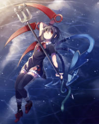 Rule 34 | 1girl, arm behind head, arm up, asymmetrical wings, bad id, bad pixiv id, black dress, black hair, black thighhighs, bow, brown eyes, dress, houjuu nue, polearm, red footwear, shoes, short sleeves, solo, swimming, thighhighs, touhou, trident, water, weapon, wings, yume hisahi, zettai ryouiki