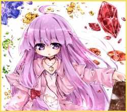 Rule 34 | 1girl, ahoge, border, choker, crescent, crescent necklace, crystal, dress, female focus, izumi yuuji (trace kouhosei), jewelry, long hair, necklace, no headwear, patchouli knowledge, purple eyes, purple hair, solo, torn clothes, touhou