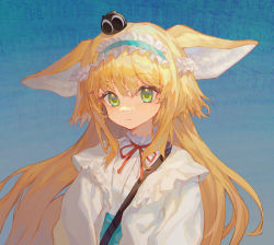 Rule 34 | 1girl, absurdres, animal ear fluff, animal ears, arknights, blonde hair, blue background, blue hairband, blue skirt, closed mouth, commentary request, crossover, fox ears, frilled hairband, frills, green eyes, hair between eyes, hairband, heixiu, high-waist skirt, highres, jacket, kitsune, looking at viewer, neck ribbon, open clothes, open jacket, qingshu, red ribbon, ribbon, shirt, skirt, suzuran (arknights), suzuran (spring praise) (arknights), luo xiaohei zhanji, upper body, white jacket, white shirt