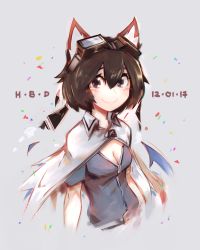 Rule 34 | 1girl, animal ears, blue eyes, blue shirt, blush, breasts, brown hair, capelet, cat ears, cat girl, cleavage, collar, confetti, dated, deel (rkeg), goggles, goggles on head, grey background, highres, looking at viewer, medium breasts, original, shirt, short hair, short sleeves, simple background, smile, solo, upper body, white capelet