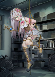 Rule 34 | 1girl, absurdres, arms behind back, artist name, atelier (series), atelier lulua, ball gag, bdsm, between legs, black footwear, blue gemstone, bondage, book, boots, bound, bound arms, bound legs, bow, bowtie, box, breasts, cardboard box, cleavage, commission, corset, drooling, elmerulia fryxell, eudetenis, female focus, full body, gag, gagged, gem, green eyes, hair ornament, half-closed eyes, hanging, harness gag, heart, heart hair ornament, highres, indoors, jacket, knee boots, knees together feet apart, leaning forward, long hair, magical girl, miniskirt, off shoulder, open mouth, pink bow, pink bowtie, pink jacket, pink shirt, pleated skirt, red gemstone, remote control vibrator, rope, saliva, second-party source, sex toy, shelf, shirt, sidelocks, signature, skirt, small breasts, solo, staff, tears, thigh strap, trash bag, vibrator, vibrator cord, vibrator under clothes, white hair, white skirt