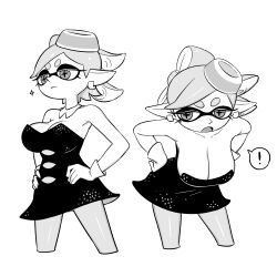 Rule 34 | !, 1girl, absurdres, alternate breast size, bent over, breasts, cleavage, cross-shaped pupils, detached collar, dress, earrings, gloves, greyscale, hands on own hips, highres, inkling, jewelry, large breasts, marie (splatoon), monochrome, nintendo, o den, open mouth, pantyhose, pointy ears, sparkle, splatoon (series), splatoon 1, spoken exclamation mark, strapless, strapless dress, symbol-shaped pupils, tentacle hair, tube dress