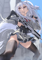 1girl assault_rifle black_thighhighs blue_archive explosive flashbang grenade grenade_pin_in_mouth grey_serafuku gun halo head_wings highres holding holding_grenade holding_gun holding_weapon long_hair looking_to_the_side mouth_hold panties pantyshot rifle school_uniform serafuku sig_mcx sig_sauer single_head_wing single_wing solo suzumi_(blue_archive) thighhighs underwear weapon white_hair white_panties wings zombie_mogura