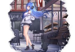 Rule 34 | 1girl, alternate costume, azur lane, bakery, bare legs, bare shoulders, black shorts, blue gemstone, blue hair, casual, cat, cutoffs, day, expressionless, floating hair, from side, full body, gem, hands in pockets, headgear, helena (azur lane), helena (meta) (azur lane), high heels, highres, hood, hooded jacket, jacket, jewelry, kyl490, leg up, legs, long hair, looking at viewer, looking to the side, necklace, off shoulder, outdoors, red eyes, red gemstone, shirt, shop, short shorts, shorts, sleeveless, sleeveless shirt, solo, striped clothes, striped shirt, thighs, tiptoes, vertical-striped clothes, vertical-striped shirt, very long hair, walking, white jacket, white shirt