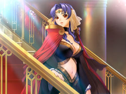 Rule 34 | 1girl, blue hair, breasts, cape, cleavage, dress, furea, g.j?, game cg, huge breasts, large breasts, midriff, queen bonjourno, red eyes, sano toshihide, solo, stairs
